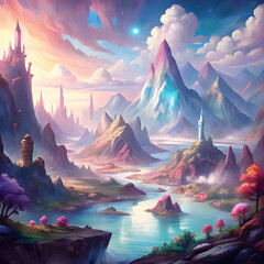 Explore a magical world of towering mountains, shimmering lakes, and mystical creatures in this fantastical landscape.