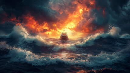 Amid a stormy sea symbolizing AI competition, a boat navigates turbulent waters toward a distant light, embodying the struggle and hope in the AI talent race.generative ai