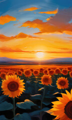Fototapeta premium Beautiful sunset over big golden sunflower field, oil painting.