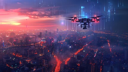 Obraz premium Smart city surveillance, drone monitoring, glowing data streams, urban landscape, vibrant colors, high resolution,