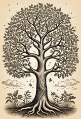 Fototapeta premium Tree of life, engraving style, sketch vintage illustration