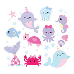 Cute narwhal and sea animal clip art set © cloverlittleworld