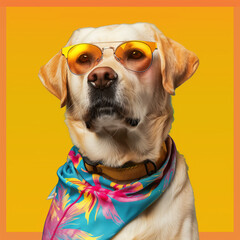 Funny dog wearing summer fashion with rubber ring on pastel background. Summer Vacation Concept