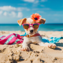 Funny dog wearing summer fashion with rubber ring on pastel background. Summer Vacation Concept