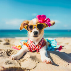 Funny dog wearing summer fashion with rubber ring on pastel background. Summer Vacation Concept