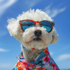 Funny dog wearing summer fashion with rubber ring on pastel background. Summer Vacation Concept