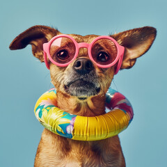 Funny dog wearing summer fashion with rubber ring on pastel background. Summer Vacation Concept