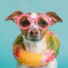 Funny dog wearing summer fashion with rubber ring on pastel background. Summer Vacation Concept