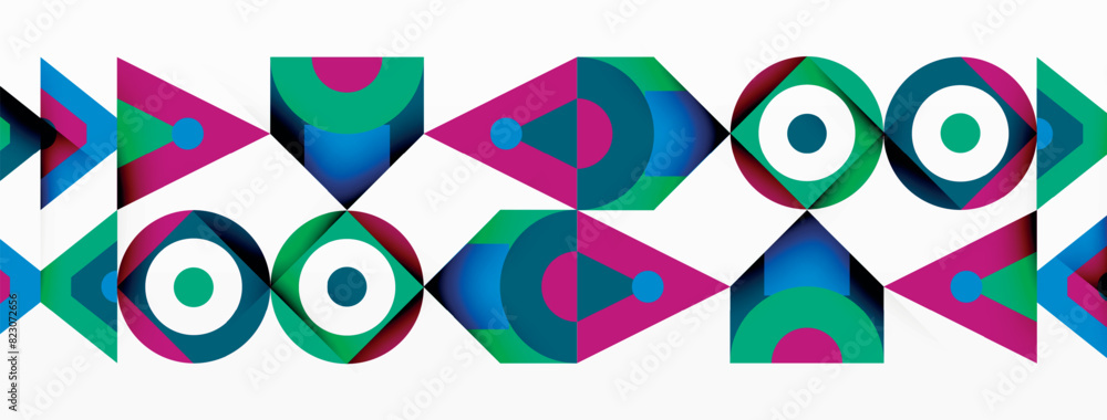 Poster The white background is adorned with a vibrant geometric pattern featuring arrows and circles. This creative design combines symmetry and a variety of colors like magenta and electric blue