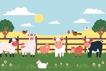 Obraz premium The image shows a group of farm animals standing in a green field