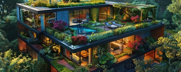 Solarpowered smart home, modern architecture, green rooftop garden, vibrant colors, photorealistic,