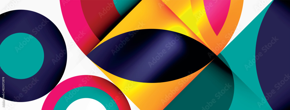 Poster The white background is adorned with a variety of colorful circles and triangles, creating a vibrant and artistic display of tints and shades