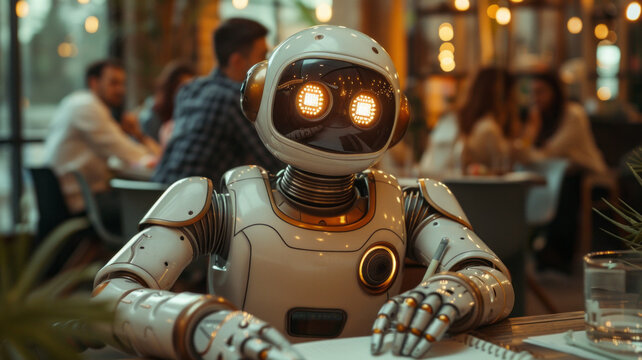 AI robot actively participating in a brainstorming session in an advertising agency meeting room,generative ai