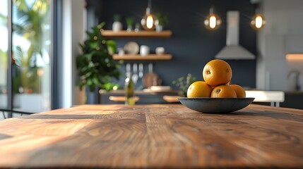 Stylish Wooden Table in Contemporary Kitchen Setting with Blurred Decor Background