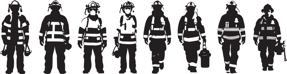 vector set of black and white silhouettes of firefighting workers