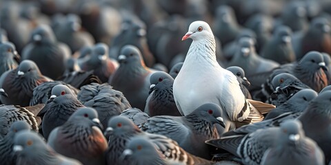 Lone White Pigeon Amidst a Flock of Grey Pigeons Contrasting Plumage in a Minimalist Wildlife Scene