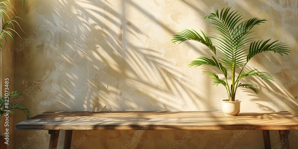 Canvas Prints An Inviting Wooden Table with a Tropical Plant and Sunlit Wall Shadows Ideal for Health and Wellness Product Display