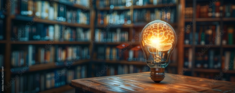Poster glowing brain light bulb in serene library setting symbolizing knowledge and creative thinking