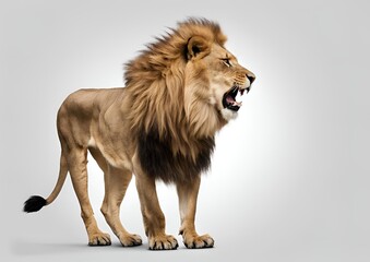 Side view of a roaring lion (Panthera Leo), standing and isolated on a white background.