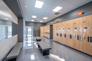 A small modern sports center with a clean and modern locker room, featuring private changing areas and sleek lockers