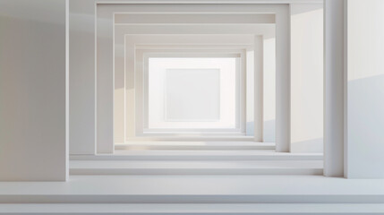 A minimalist art gallery featuring a single oversized plain white frame surrounded by multiple smaller frames, each a step down in size, creating a visual funnel effect.