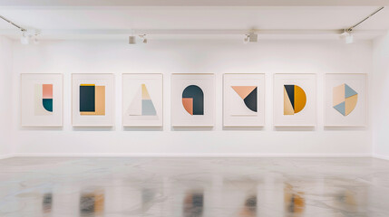 A minimalist art gallery with a single row of large plain white frames, each containing a different abstract geometric shape.