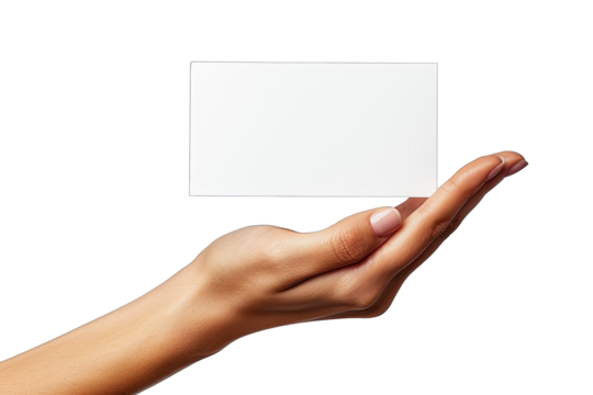 Beautiful woman hand holding blank space isolated on white background