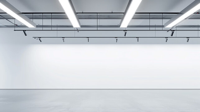 Gallery prepping for an exhibit with its long white wall brightly lit by overhead fixtures.