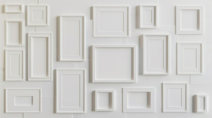 A minimalist art space showcasing a random arrangement of fifteen plain white frames of various sizes, each slightly overlapped.