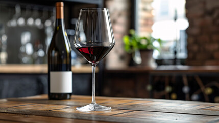 Red wine in a glass at the bar. Glass of red wine on rustic bar counter with bottle and blurred background, ready for celebration or relaxation.