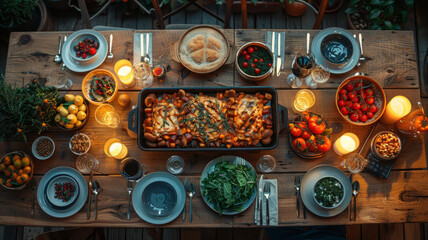 a slightly angled top-down shot from a slight side view of a moody lit dinner table for 6 people with a grillplate in the middle,generative ai