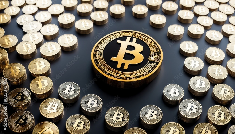 Poster numerous bitcoin tokens spread across a reflective surface, portraying the dominance of bitcoin in t