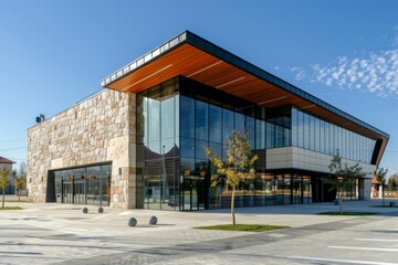 The facade of a small modern sports center with a unique architectural design, incorporating natural stone and glass