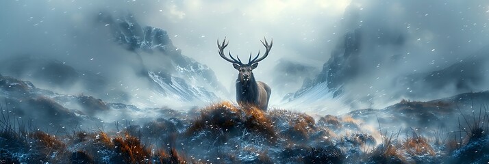 Amidst rugged terrain of the Scottish Highlands a solitary stag surveys his kingdom from atop a mistcovered hill