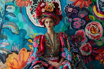 A woman seated in front of a vibrant, colorful mural. Vibrant flowers, and an elaborate, maximalist fashion dress that showcases a harmonious blend of bold psychedelic colors and intricate patterns