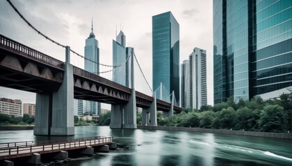 Obraz premium Calm waters flowing under a bridge with a backdrop of modern skyscrapers under a cloudy sky, portraying urban tranquility.. AI Generation
