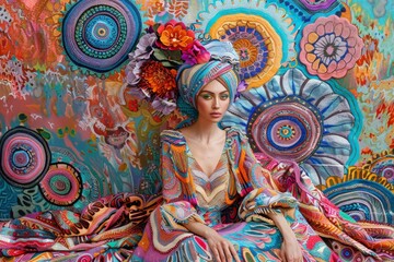 A woman seated in front of a vibrant, colorful mural. Vibrant flowers, and an elaborate, maximalist fashion dress that showcases a harmonious blend of bold psychedelic colors and intricate patterns