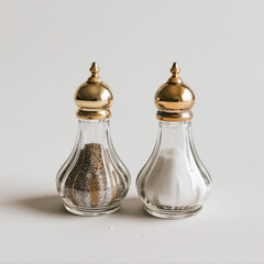 Elegant glass salt and pepper shakers with golden caps, isolated on a white background for a classic dining setup