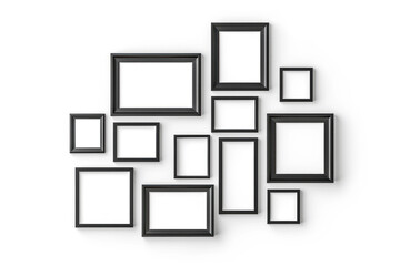 Modern wall arrangement of various sized black picture frames, ideal for contemporary interior design.