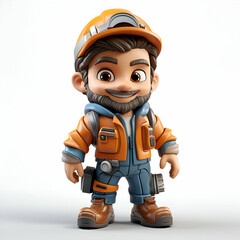 3D Render of Cartoon mechanic character with safety helmet and overalls