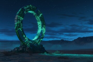Fototapeta premium A giant ring-shaped sculpture made of stone, filled with glowing patterns and symbols with fracture lines in neon green, stands on the desolate desert at night