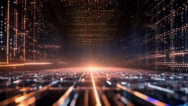 Abstract digital data stream visual. High-speed light particles. Cybersecurity and technology concept.4k JD