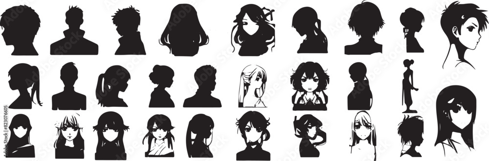 Wall mural vector black and white face silhouette of Japanese anime