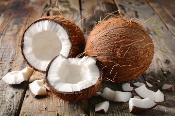 Two Coconuts, Open Coconut and in Pieces