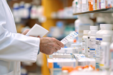 Close-up of a pharmacist's hands holding medication packaging and reading the label in a pharmacy setting.