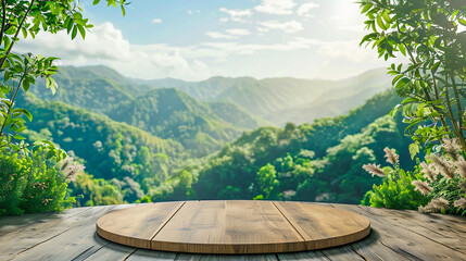 Wooden podium for natural products in mountains nature.