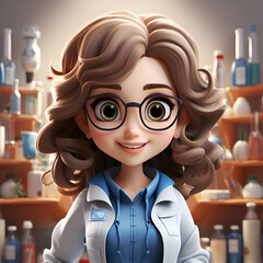 Portrait of a cute little girl in a lab coat and glasses.