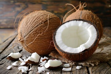 Two Coconuts, Open Coconut and in Pieces