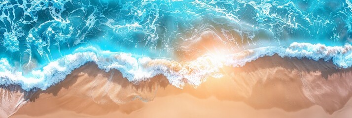 Abstract sand beach from above with light blue transparent water wave and sun lights, summer vacation background concept banner with copy space, natural beauty spa outdoors