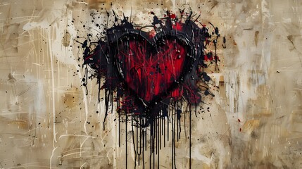 A large red heart with black and grey strokes graffiti art on a white background